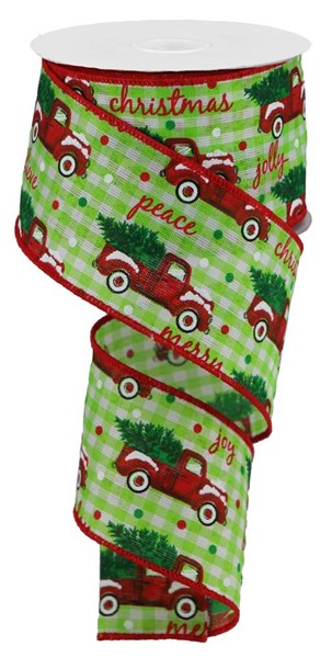 Christmas Vintage Trucks Wired Edge Ribbon - Lime Green, Red, White - 2.5 Inches x 10 Yards (30 Feet)