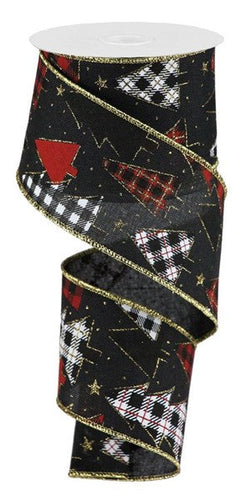 Christmas Tree Check Buffalo Plaid Canvas Wired Ribbon - 10 Yards (Red, Black, Gold, White, 2.5 Inches)