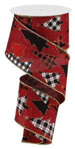 Plaid Trees Canvas Wired Ribbon : Burgundy, Red, Black, Gold - 2.5 Inches x 10 Yards (30 Feet)