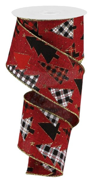 Plaid Trees Canvas Wired Ribbon : Burgundy, Red, Black, Gold - 2.5 Inches x 10 Yards (30 Feet)