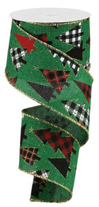 Christmas Tree Buffalo Plaid Canvas Wired Ribbon : Emerald Green Red Black Gold White - 2.5 Inches x 10 Yards (30 Feet)