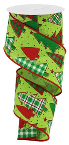 Plaid Trees Canvas Wired Ribbon : Lime Green, Red, White, Emerald - 2.5 Inches x 10 Yards (30 Feet)