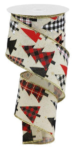 Plaid Christmas Tree Royal Wired Ribbon : Cream, Red, Gold, White - 2.5 Inches x 10 Yards (30 Feet)