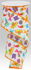 Fiesta Party Cinco de Mayo Colorful Wired Ribbon (White, Multi 2.5 Inches x 10 Yards (30 Feet))