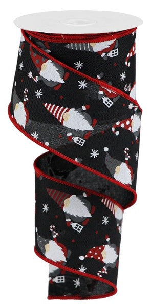 Christmas Gnomes Wired Ribbon : Black, Red - 2.5 Inches x 10 Yards (30 Feet)