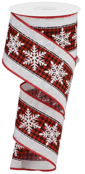 Snowflake Check Wired Ribbon : White, Red, Black - 2.5 Inches x 10 Yards (30 Feet)