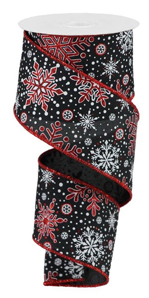 Snowflakes Wired Ribbon, Black, White, Red - 2.5 Inches x 10 Yards (30 Feet)