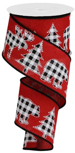 Plaid Moose Bear Tree Buffalo Plaid Wired Ribbon : Red, Black - 2.5 Inches x 10 Yards (30 Feet)