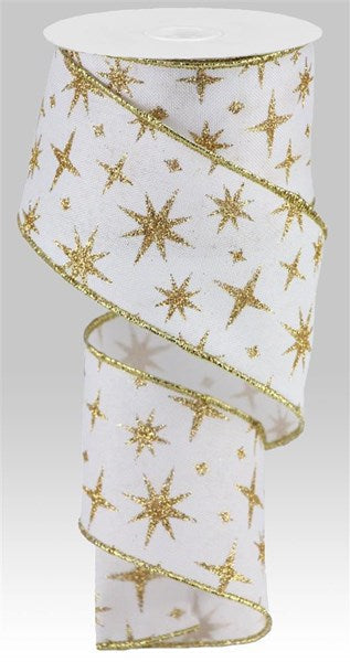 Retro Stars Snowflake Glitter Christmas Royal Burlap Wired Ribbon - 10 Yards (2.5 Inches, 30 Feet White Gold)