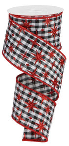 Christmas Retro Stars GIngham Check Canvas Wired Ribbon - 10 Yards (Red, Black, White, 2.5 Inches)