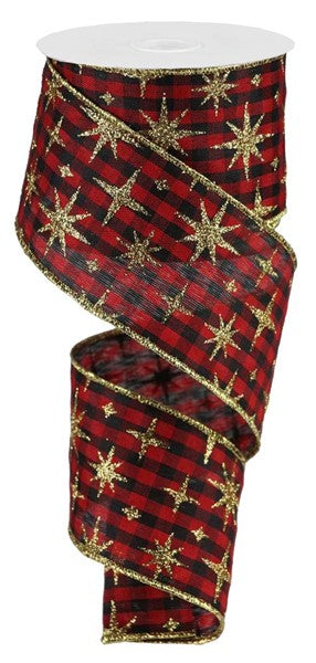 Christmas Retro Stars GIngham Check Canvas Wired Ribbon - 10 Yards (Red, Black, Gold, 2.5 Inches)