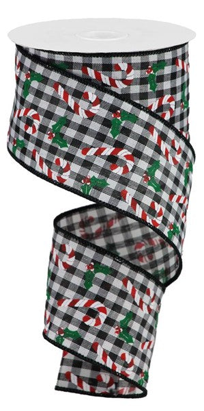 Candy Canes and Holly Gingham Ribbon : Black, Red, White, Emerald Green - 2.5 Inches x 10 Yards (30 Feet)