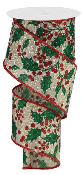 Christmas Holly Leaves Berries Canvas Wired Ribbon - 10 Yards (Red, Green, Gold, Ivory, 2.5 Inches)