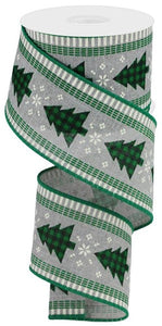 Christmas Tree Check Stripe Canvas Wired Ribbon - 10 Yards (Grey Gray, Black, Cream, Emerald Green, 2.5 Inches)