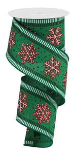 Snowflakes and Stripes Wired Ribbon : Emerald Green  - 2.5 Inches x 10 Yards (30 Feet)