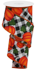 Halloween Buffalo Plaid Pumpkins Wired Ribbon : Black White - 2.5 Inches x 10 Yards (30 Feet)