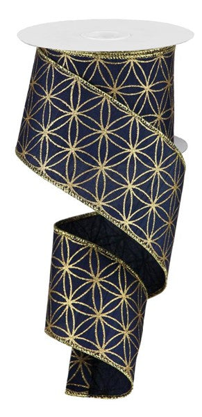 Christmas Seamless Stars on Faux Dupioni Canvas Wired Ribbon - 10 Yards (Navy Blue, Light Gold, 2.5 Inches)