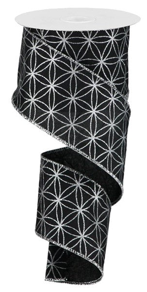 Christmas Seamless Stars Metallic Dupioni Xmas Holiday Wired Edge Ribbon : Black, Silver - 2.5