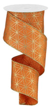 Load image into Gallery viewer, Wired ribbon in vibrant orange with gold geometric star pattern, perfect for fall wreaths and seasonal crafts.
