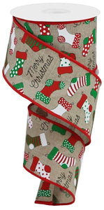 Christmas Stockings on Canvas Wired Edge Ribbon - 10 Yards (Natural, 2.5 Inch)