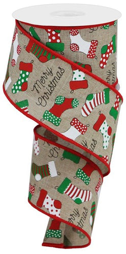 Christmas Stockings on Canvas Wired Edge Ribbon - 10 Yards (Natural, 2.5 Inch)