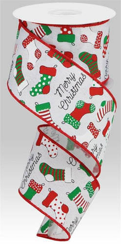 Christmas Stockings Royal Canvas Wired Ribbon - 10 Yards (White, Red, Emerald Green, 2.5 Inches)