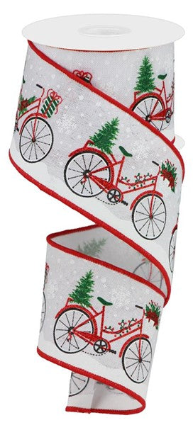 Christmas Bicycle Canvas Wired Ribbon - 10 Yards (Red, Emerald Green, Black, White, 2.5 Inches)