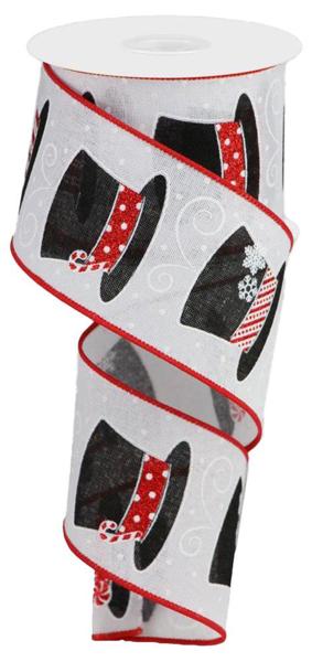 Snowman Top Hats on Canvas Wired Edge Ribbon - 10 Yards (White, 2.5 Inch)