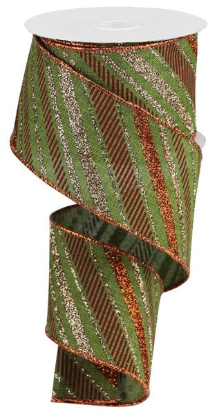 Multi Diagonal Stripes on Royal Wired Edge Ribbon (2.5 Inches, Moss Green, Copper, Burgundy) - 10 Yards