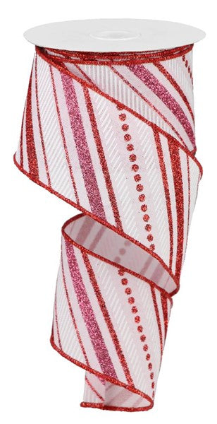 Diagonal Stripe Valentine's Day Glitter Wired Ribbon (Pink, Red) 2.5 Inches x 10 Yards (30 Feet)