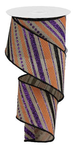 Wired Ribbon Multi Diagonal Stripes (Natural, Purple, Black, Orange) 2.5 Inches x 10 Yards (30 Feet)