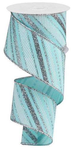 Multi Diagonal Stripes Glitter Christmas Royal Burlap Wired Ribbon - 10 Yards (2.5 Inches, 30 Feet Ice Blue, Silver, Grey Gray, White)