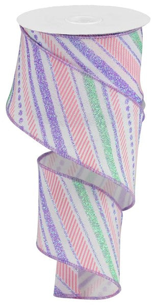 Glitter Diagonal Plaid Spring Ribbon : White Mint Lavender Light Pink (2.5 Inches x 10 Yards)