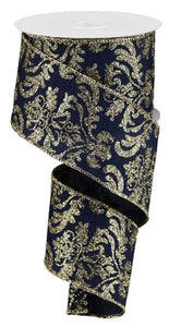 Christmas Bold Damask Faux Dupioni Canvas Wired Ribbon - 10 Yards (Navy Blue, Light Gold, 2.5 Inches)