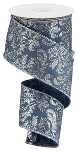 Glitter Bold Damask Wired Ribbon (2.5 Inches, Smoke Blue, Silver) - 10 Yards