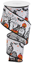 Load image into Gallery viewer, Graveyard and Pumpkins Wired Ribbon, 10 Yards (White, 2.5 Inches)
