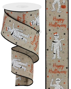 Mummies with Glitter on Canvas Wired Ribbon, 10 Yards (Natural, 2.5 Inches)