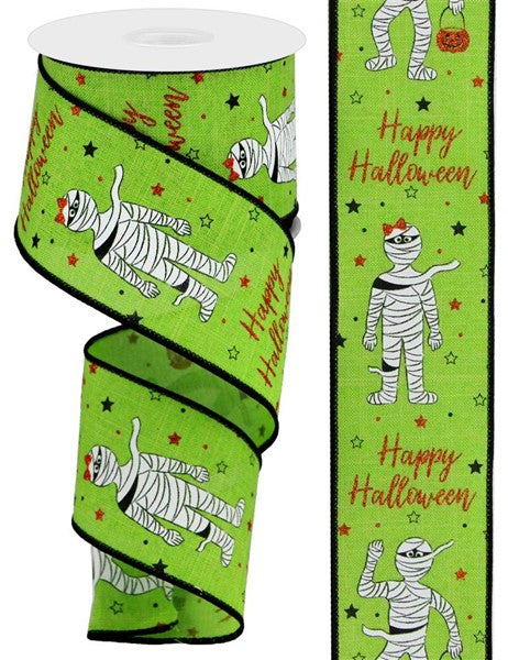 Mummies with Glitter on Canvas Wired Ribbon, 10 Yards (Lime Green, 2.5 Inches)