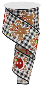 Gingerbread Royal Wired Ribbon : Black Gingham - 2.5 Inches x 10 Yards (30 Feet)