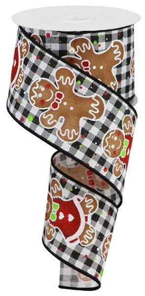 Gingerbread Royal Wired Ribbon : Black Gingham - 2.5 Inches x 10 Yards (30 Feet)