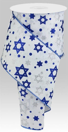 Hanukkah Star of David White Blue Silver Royal Wired Ribbon - 10 Yards (30 Feet, 4