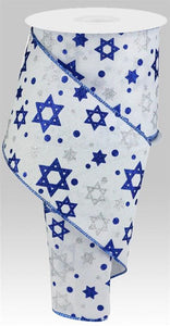 Hanukkah Star of David White Blue Silver Royal Wired Ribbon - 10 Yards (30 Feet, 4")