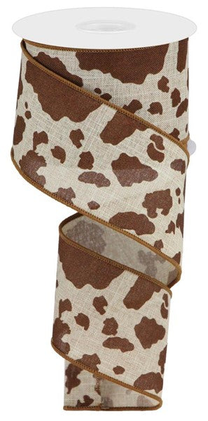 Cow Print On Canvas Wired Ribbon : Brown, Natural - 2.5 Inches x 10 Yards (30 Feet)