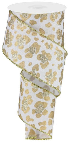 Glittered Animal Print on Canvas Wired Ribbon : White - 2.5 Inches x 10 Yards (30 Feet)