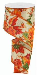 Leaves and Pumpkins on Faux Burlap Wired Edge Ribbon : Cream - 10 Yards 2.5 Inch