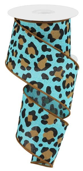 Leopard Print on Canvas Wired Ribbon : Light Teal Blue - 2.5 Inches x 10 Yards (30 Feet)