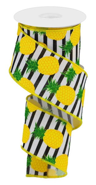 Pineapple Stripe on Canvas Wired Ribbon : White, Yellow, Black - 2.5 Inches x 10 Yards (30 Feet)