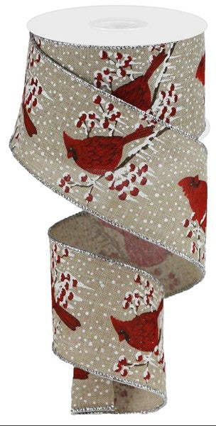 Cardinals Wired Ribbon : Beige, Red, Green - 2.5 Inches x 10 Yards (30 Feet)