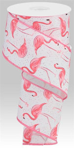 Glitter Flamingos Wired Ribbon : White, Pink - 2.5 Inches x 10 Yards (30 Feet)