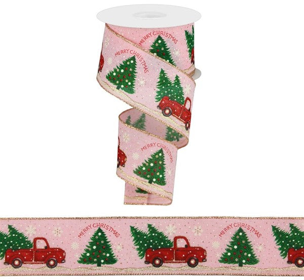 Merry Christmas Truck with Trees Wired Ribbon : Pale Pink - 2.5 Inches x 10 Yards (30 Feet)